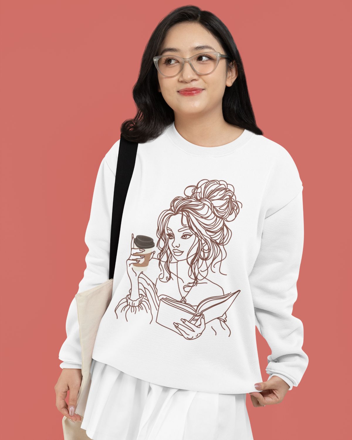 Coffee and Literature Minimalist Oversize Sweatshirt - White